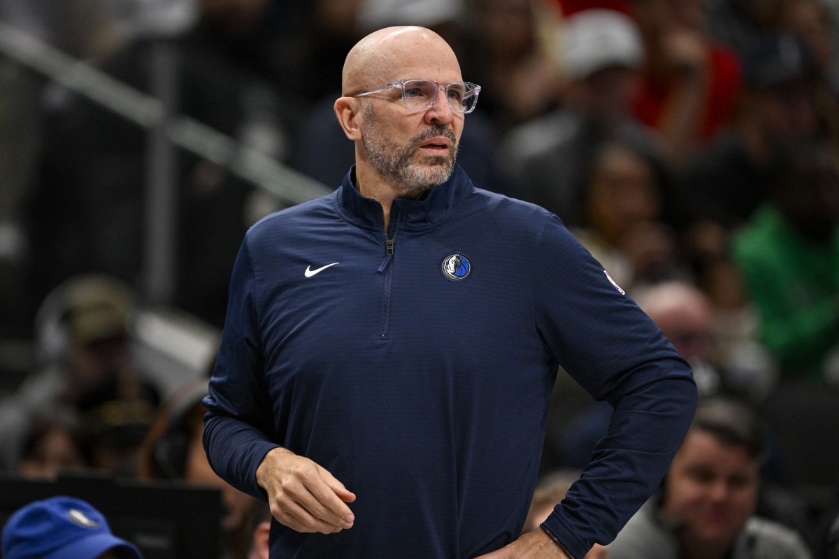 Feb 10, 2025; Dallas, Texas, USA; Dallas Mavericks head coach Jason Kidd looks on during the second half against the Sacramento Kings at the American Airlines Center. Mandatory Credit: Jerome Miron-Imagn Images